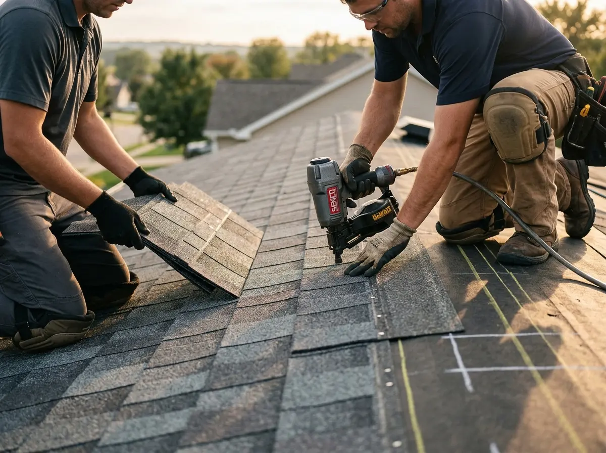 Professional roofer working on a residential roof in Riverdale Park